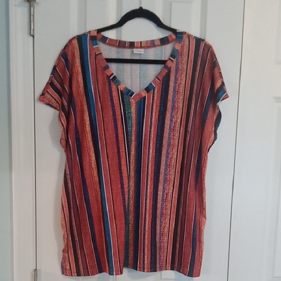 xieerduo Tops - Casual V-Neck Striped Blouse - Red Multi